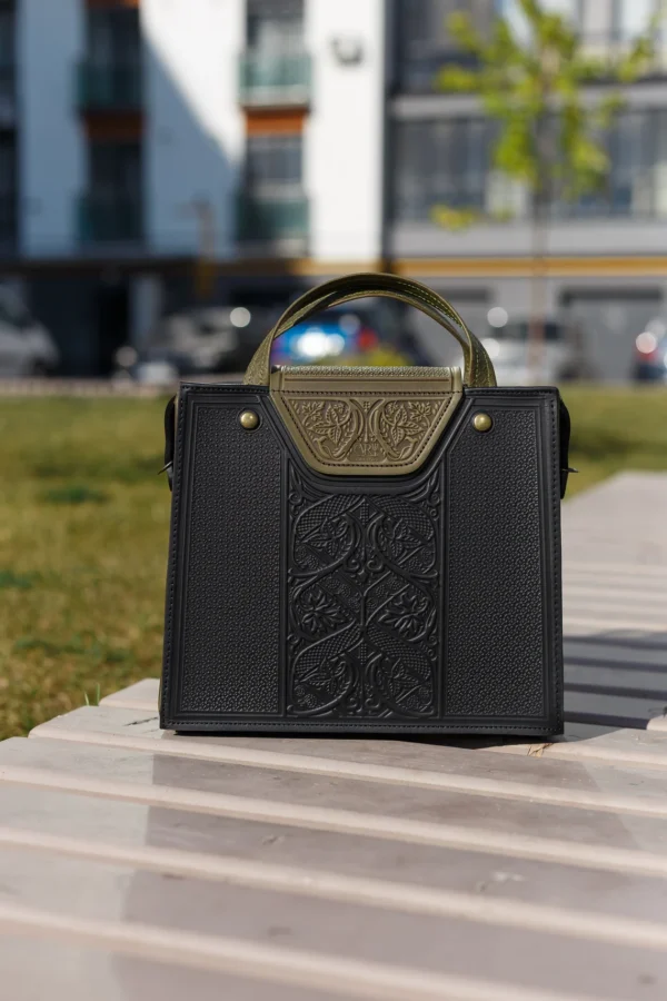 Handmade Black Leather Handbag – Stylish Work Bag for Women with Embossed Floral Design