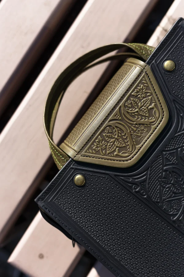 Handmade Black Leather Handbag – Stylish Work Bag for Women with Embossed Floral Design