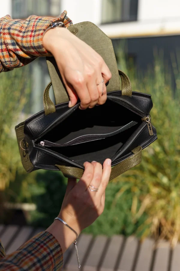 Handmade Black Leather Handbag – Stylish Work Bag for Women with Embossed Floral Design
