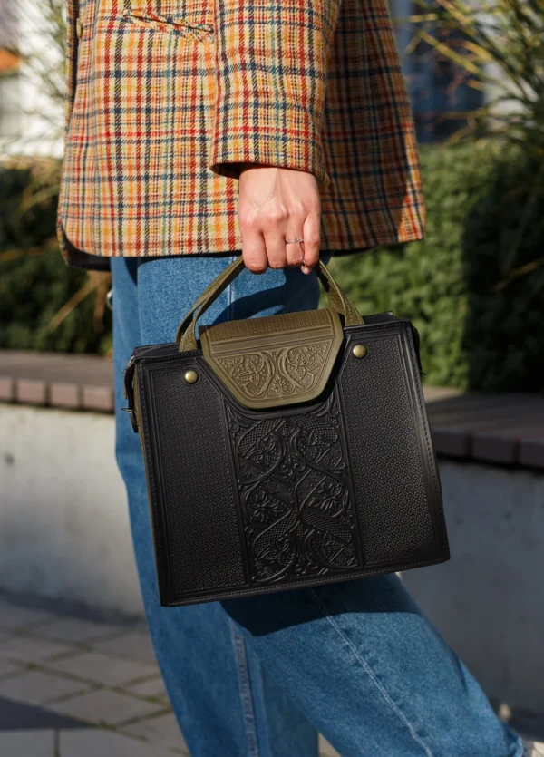 Handmade Black Leather Handbag – Stylish Work Bag for Women with Embossed Floral Design