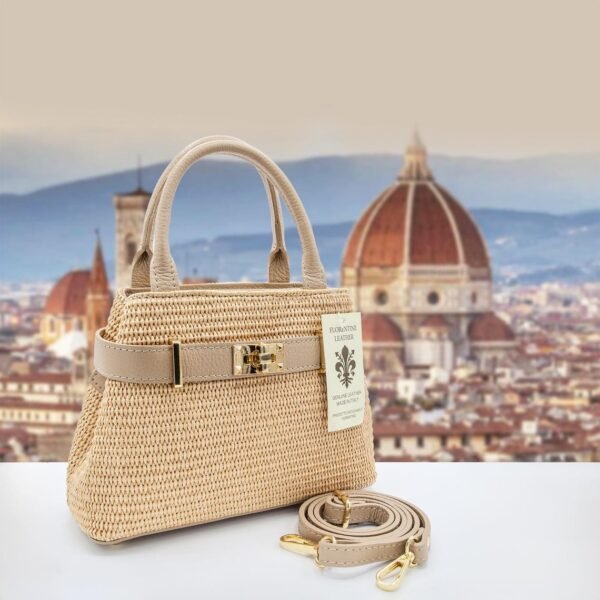 Italian Handmade Genuine Leather Tote Handbag Elegant Beige Raffia Summer Purse for Women