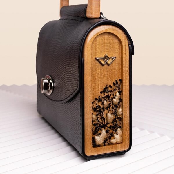 Black Saffiano Leather Mini Handbag Italian Leather Top Handle Crossbody Wooden Purse For Women