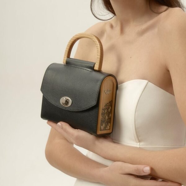 Black Saffiano Leather Mini Handbag Italian Leather Top Handle Crossbody Wooden Purse For Women