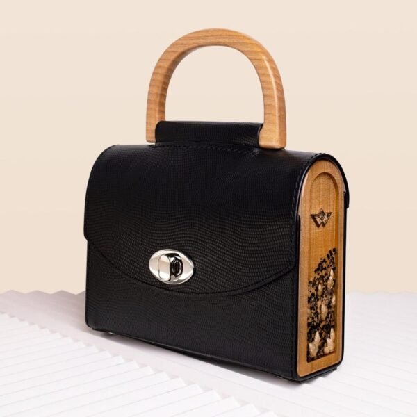Black Saffiano Leather Mini Handbag Italian Leather Top Handle Crossbody Wooden Purse For Women