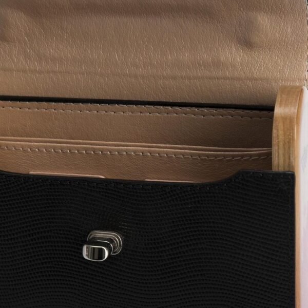 Black Saffiano Leather Mini Handbag Italian Leather Top Handle Crossbody Wooden Purse For Women