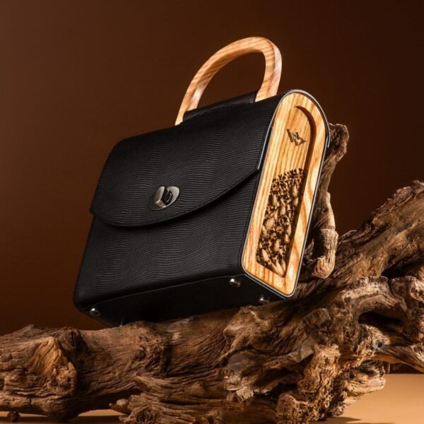 Black Saffiano Leather Mini Handbag Italian Leather Top Handle Crossbody Wooden Purse For Women