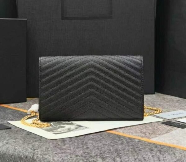 Saint Laurent Metal Interlocking Logo Women's Classic Chain Black Leather Bag Purse Crossbody Wallet