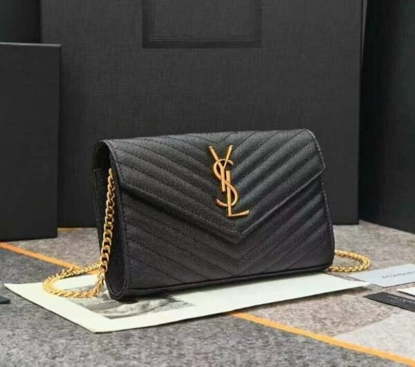 Saint Laurent Metal Interlocking Logo Women's Classic Chain Black Leather Bag Purse Crossbody Wallet