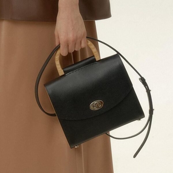 Black Saffiano Leather Mini Handbag Italian Leather Top Handle Crossbody Wooden Purse For Women