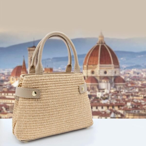 Italian Handmade Genuine Leather Tote Handbag Elegant Beige Raffia Summer Purse for Women