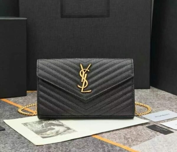 Saint Laurent Metal Interlocking Logo Women's Classic Chain Black Leather Bag Purse Crossbody Wallet