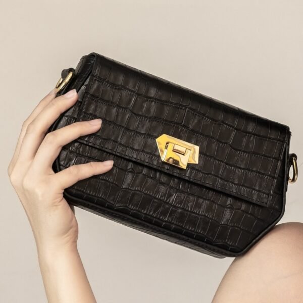 Sofia Black Croc Embossed Leather Women Shoulder Bag Small Handmade Elegant Purse Gift for Her