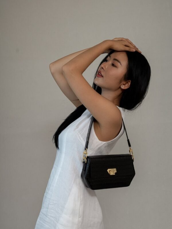 Sofia Black Croc Embossed Leather Women Shoulder Bag Small Handmade Elegant Purse Gift for Her