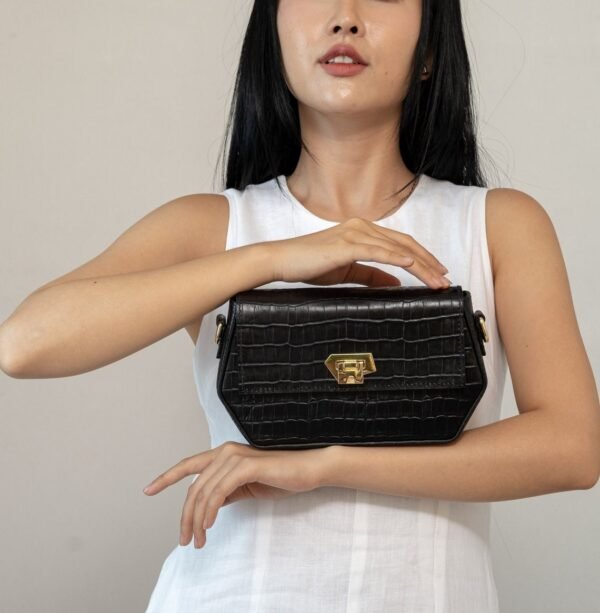Sofia Black Croc Embossed Leather Women Shoulder Bag Small Handmade Elegant Purse Gift for Her