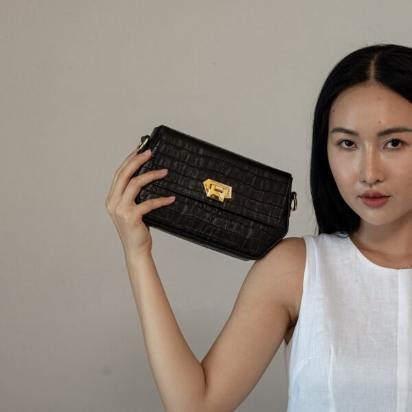 Sofia Black Croc Embossed Leather Women Shoulder Bag Small Handmade Elegant Purse Gift for Her