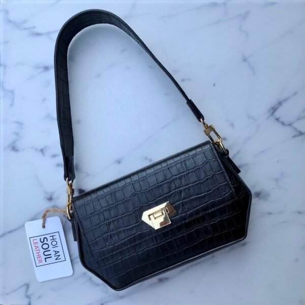 Sofia Black Croc Embossed Leather Women Shoulder Bag Small Handmade Elegant Purse Gift for Her